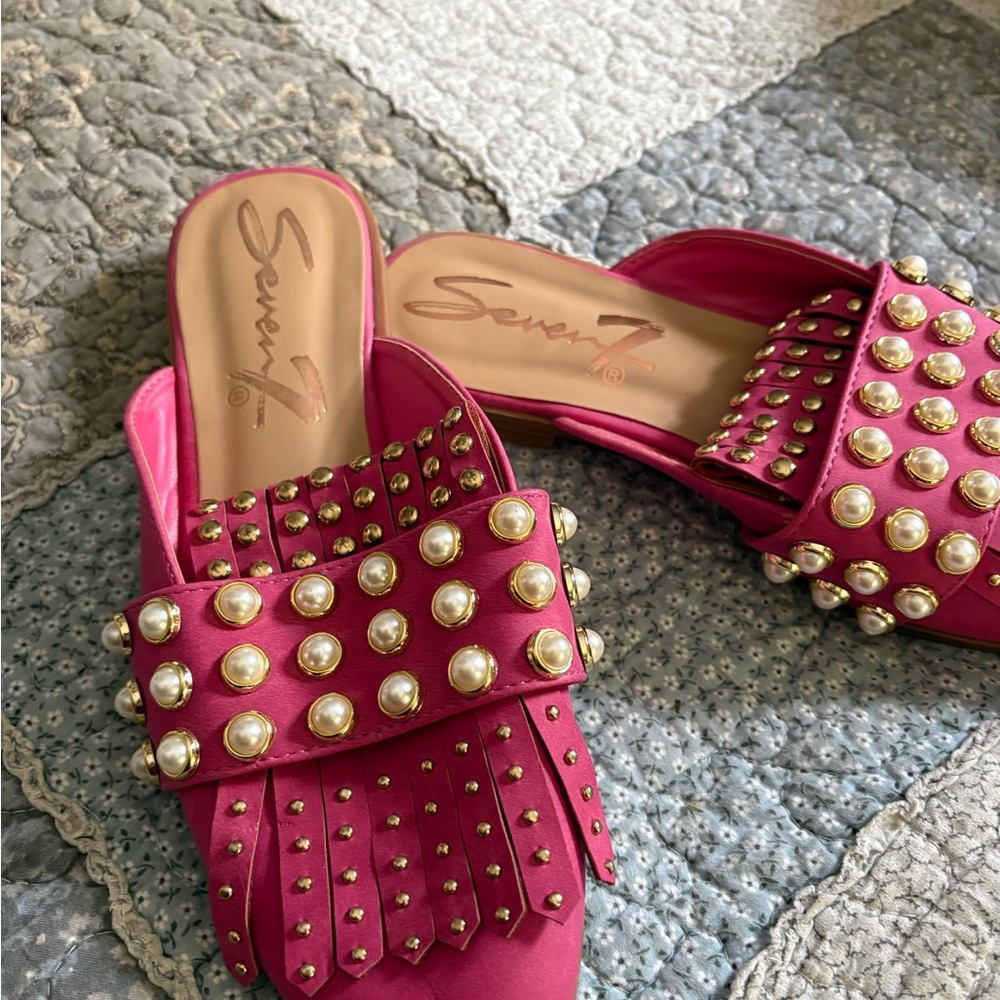 Seven7 Fuchsia Pearl & Gold Stud Slide Mules